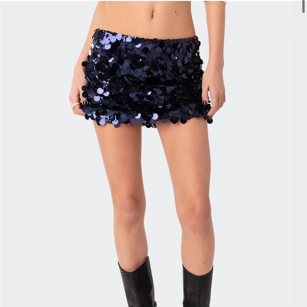Edikted Navy Blue Sequin Mini Skirt